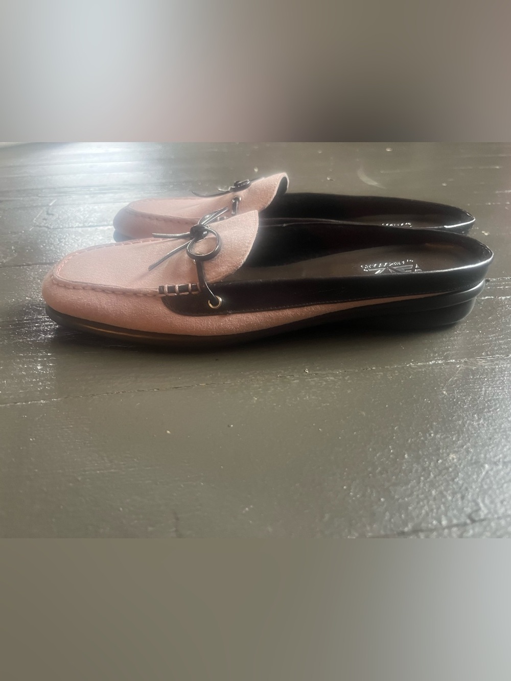 Pink Suede Loafers with Brown Trim and Bow - Picture 4 of 7